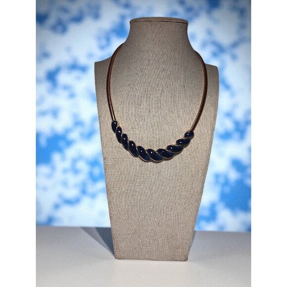 Gold Tone Snake Chain Chocker with Twisted Blue Enamel 14" - Picture 2 of 7